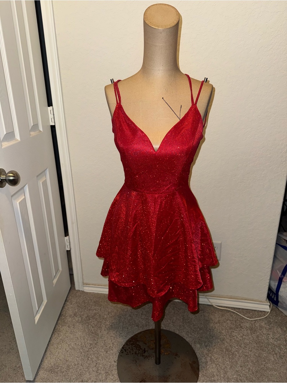 Women’s B. Darlin Sparkly Red Mini Dress with Spaghetti Straps